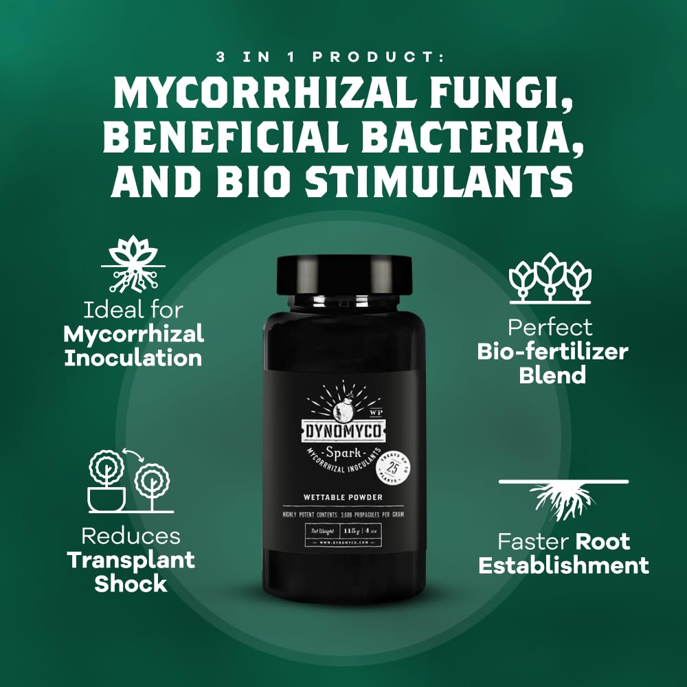 DYNOMYCO Spark WP Mycorrhizal Fungi, 4oz Wettable Powder – 3-In-1 Root Enhancer Amplifies Nutrient Uptake & Yield – Treats 25 Plants, Indoor/Outdoor Bio-Stimulant – Dissolves Fast in Seed Starter Soil