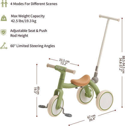 4-in-1 Toddler Tricycle with Adjustable Push Handle for 1-4 Year Old,Birthday Gift and Toy for Boys and Girls Removable Pedals Balance Bike&Scooter (Green)