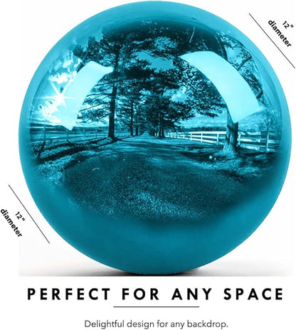 12 Inch Stainless Steel Gazing Globe, Hollow Ball Mirrored Surface Polished Shiny Sphere,Garden Stainless Steel Gazing Ball for Outdoor Lawn Pond Yard Ornament (Light Blue)