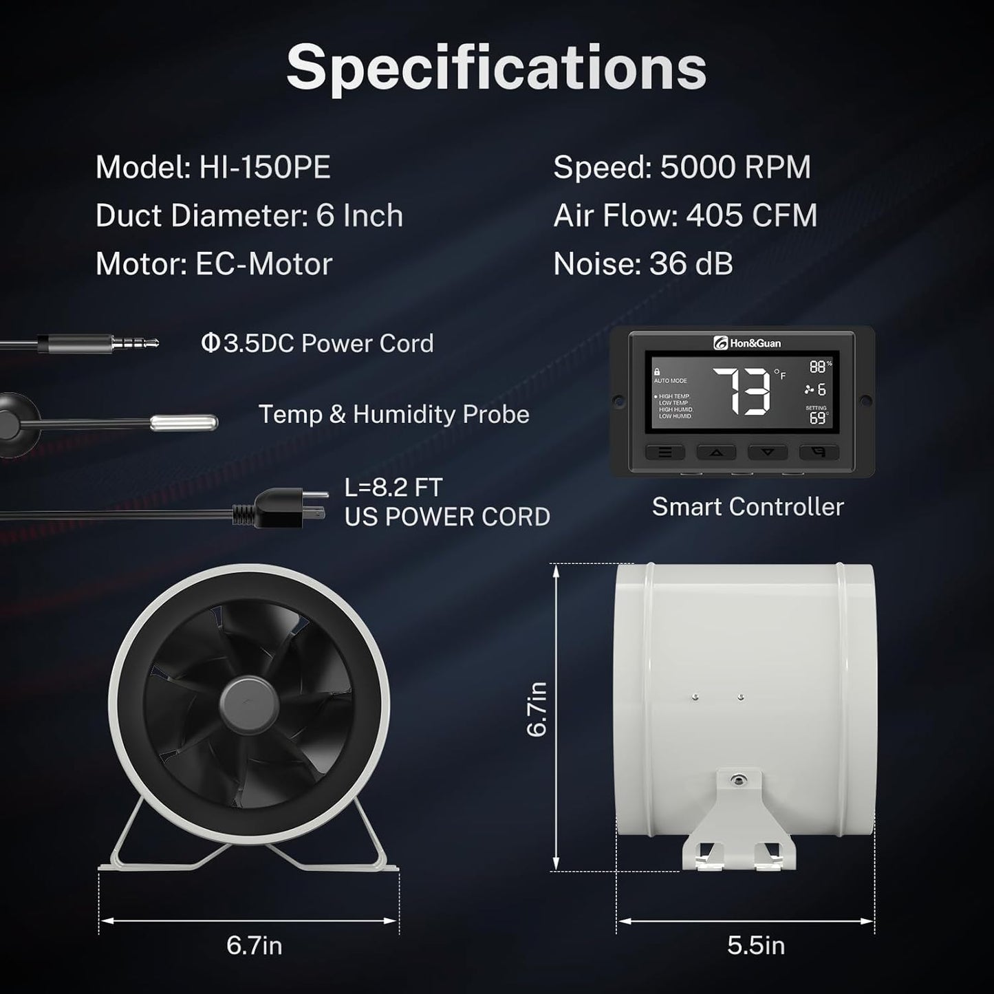 Hon&Guan PRO 6 Inch Inline Duct Fan - 405 CFM with Quiet EC Motor & Temperature Humidity Smart Controller, Ventilation Exhaust Fan for Heating Cooling, Grow Tents, Hydroponics (White&Black)