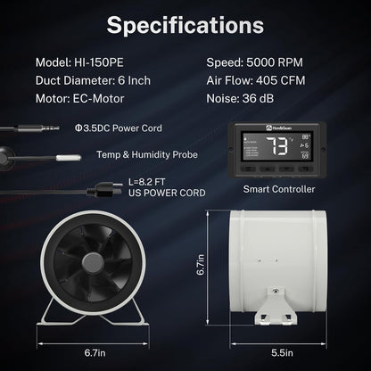 Hon&Guan PRO 6 Inch Inline Duct Fan - 405 CFM with Quiet EC Motor & Temperature Humidity Smart Controller, Ventilation Exhaust Fan for Heating Cooling, Grow Tents, Hydroponics (White&Black)