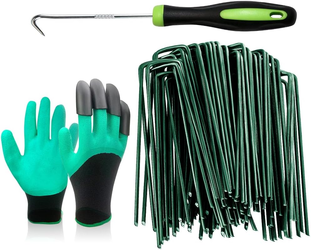 Bakulyor 100Pcs Green Landscape Staples 6 Inch Garden Artificial Turf Stakes Staples, 11 Gauge Lawn Galvanized Ground Fabric Pins for Weed Barrier Sod Decorations Holding Fence and Irrigation Tubing