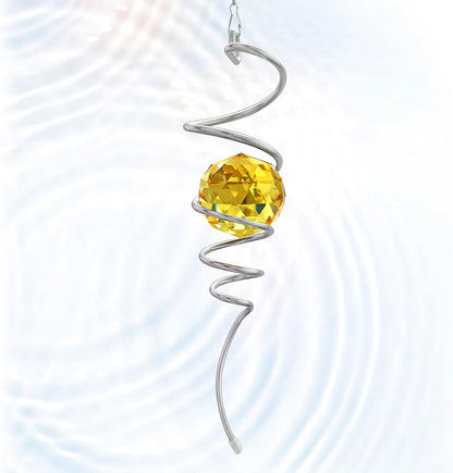 Gazing Ball Spiral Wind Spinner Tail - Golden Crystal Glass Ball | Wind Spinners Stabilizer with S Hook | Hanging Rotating Art for Garden Patio Indoor/Outdoor Creative Ornament & Gift, 13in