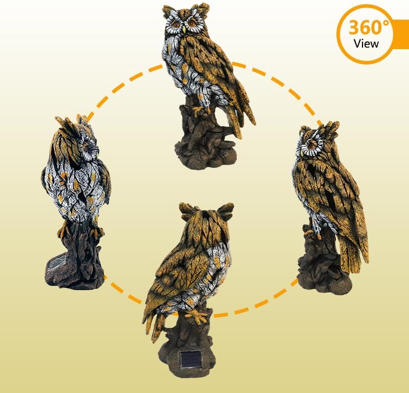 Solar Owl Resin Statue Hand - Painted Garden Decor with LED Light, Perched on Tree Stump Figurine for Outdoor Indoor Yard Patio Home Decoration