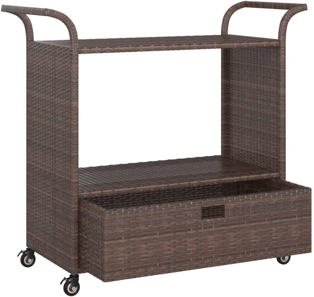 Outdoor Rolling Wicker Bar Cart with Drawer, Portable Bar Cart with Wheels, Patio Kitchen Island Cart for Pool Deck Backyard, Brown 39.4"x17.7"x38.2" Poly Rattan -459