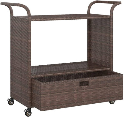 Outdoor Rolling Wicker Bar Cart with Drawer, Portable Bar Cart with Wheels, Patio Kitchen Island Cart for Pool Deck Backyard, Brown 39.4"x17.7"x38.2" Poly Rattan -459