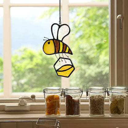 BOXCASA Honey Bee Decor Stained Glass Suncatcher,Bumble Bee Stained Glass Window Hanging,Birthday Bees Gifts for Bees Lover Women Mom Kids,Honeypot Decorations for Home
