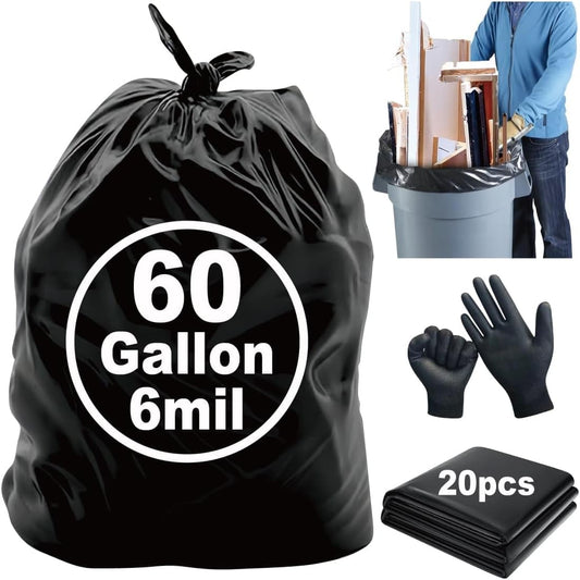 6 Mil Heavy Duty Contractor Trash Bags - 20 Pack Large Clear Construction Garbage Bags for 50/55/60