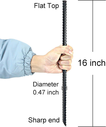 16 Inch Ground Rebar Stakes Heavy Duty Steel Ground Anchors for Outdoor, Straight Metal Stakes with Chisel Point end, Black Powder Coated (8)