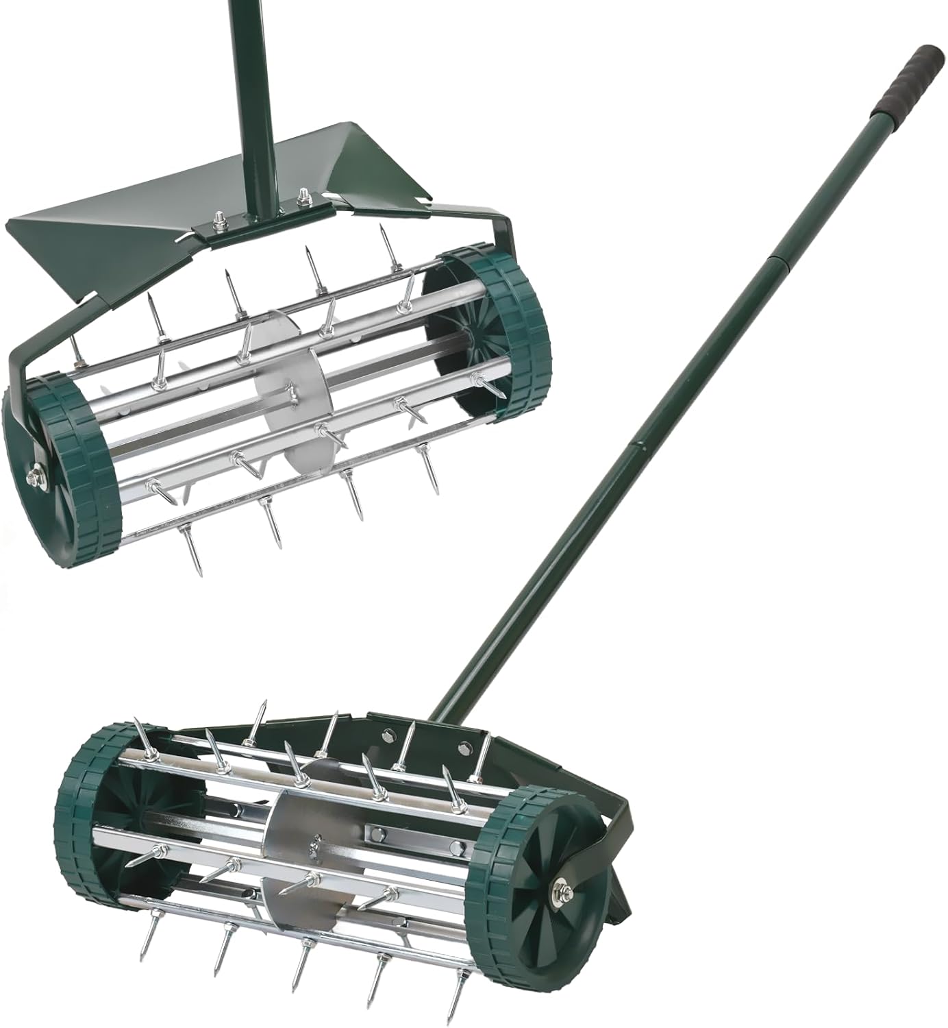 18-Inch Spike Rolling Lawn Aerator for Grass. Heavy Duty Manual Push Aerator Lawn Tool,Soil Health for Garden&Yard Tool(Green with Fender)