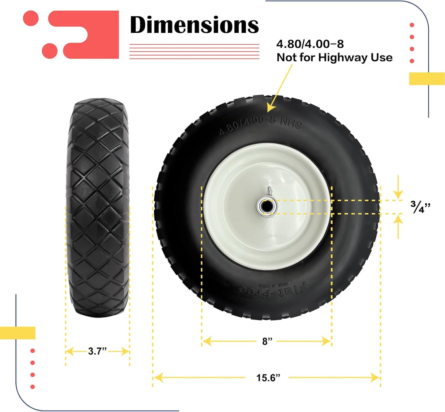 2-Pack 4.80-8 Wheelbarrow Tire and wheel with 3"-6''Centered Hub, 3/4" or 5/8''or 1/2'' Bearings, 16‘’ Tire Assembly for Hand Truck,Garden Cart (4.80/4.00-8 Flat Free,3"Center Hub,Knobby Tread)