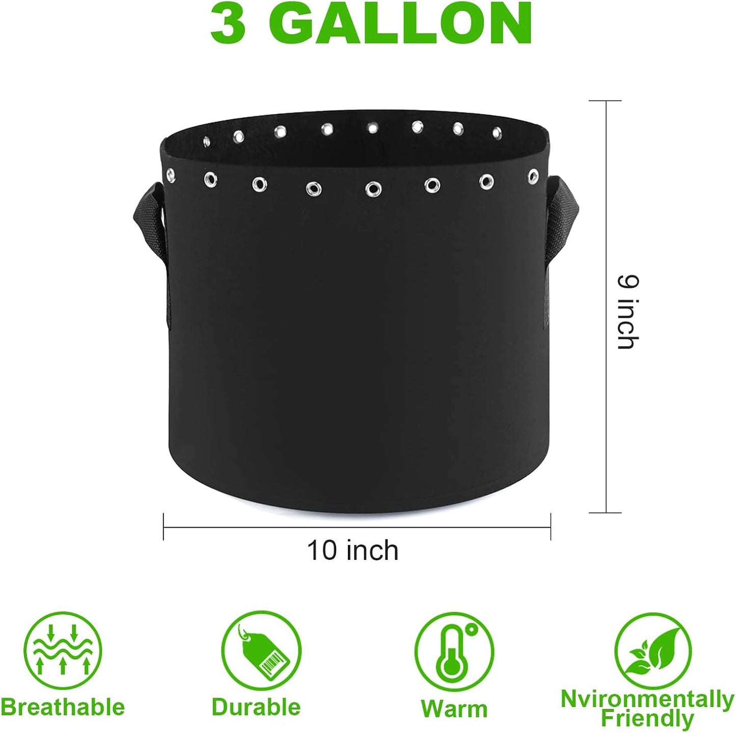 3 Gallon Plant Grow Bags 5-Packs with Holes,Thichkened Non-Woven Aeration Fabric Pots with Handles - Reinforced Weight Capacity
