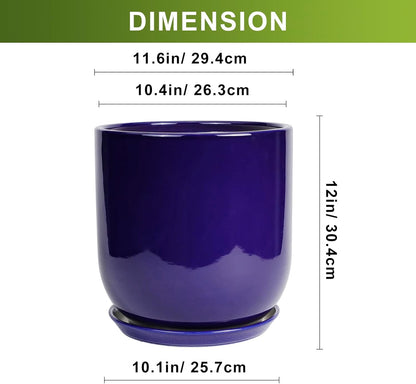 Ceramic Planter - 12 Inch Pots for Plants Ceramic Plant Pot Indoor with Drainage Hole and Saucer Large Planter Flower Pot Outdoor for Home Garden Decor Blue