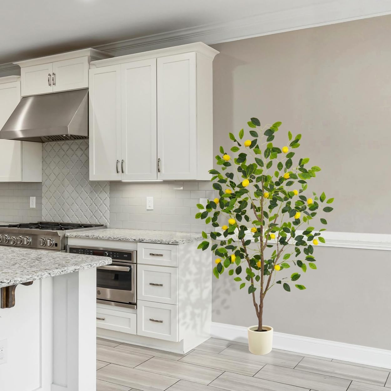 Artificial Lemon Tree, 6ft Tall Floor Faux Lemon Plastic Plant with White Planter, Fake Lemon Fruit Silk Tree for Indoor Home Decor Office Living Room