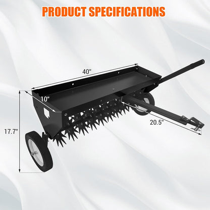 Tow Behind Aerator 40 Inch with Steel Teeth and Transport Wheels, Adjustable Handle Pull Behind Plug Aerator with Tray for Farm Lawn Garden, Durable Lawn Aeration Tool