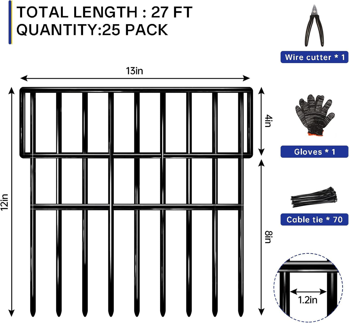 25 Panels Animal Barrier Fence, 27 Ft(L) X 13 in(H) No Dig Garden Edging Border for Yard, Anti Digging Defense Barrier, Rustproof Metal Outdoor Decorative Garden Fences for Dogs, Rabbits
