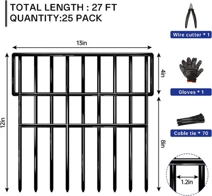 25 Panels Animal Barrier Fence, 27 Ft(L) X 13 in(H) No Dig Garden Edging Border for Yard, Anti Digging Defense Barrier, Rustproof Metal Outdoor Decorative Garden Fences for Dogs, Rabbits