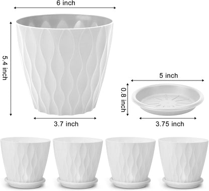 6 inch Plant Pots, 5 Pack Flower Pots Outdoor Indoor, Planters with Drainage Hole and Tray Saucer（White