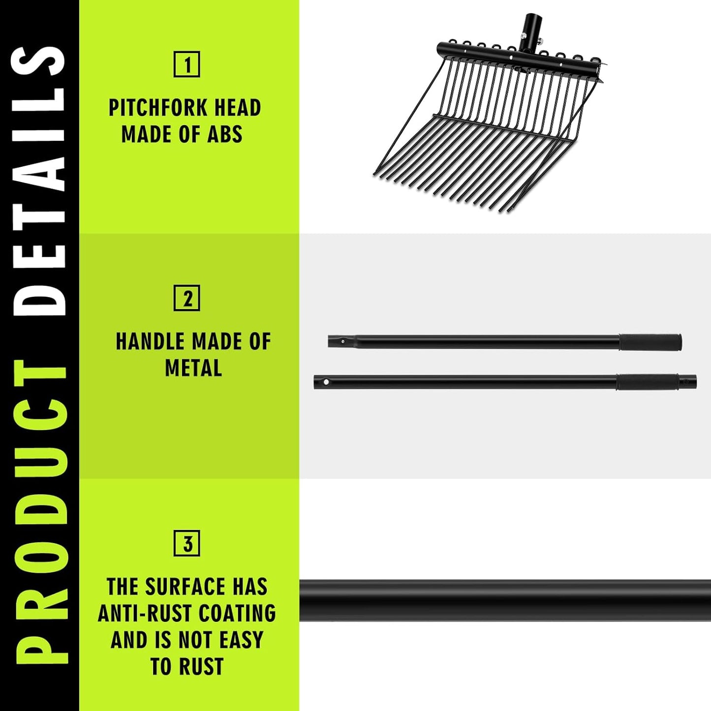Lasnten 3 Sets Metal Manure Fork with Long Metal Handle Pitch Fork Manure Rake Black Heavy Duty Muck Rake for Gardening Horse Stall Stable Grass Hay Cleaning Farm Work