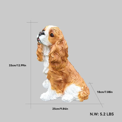 Cavalier King Charles Spaniel Outdoor Dog Statue with Reversible “Welcome/ON Patrol” Hanging Plaque and Solar Porch Lantern, Brown & White Sitting
