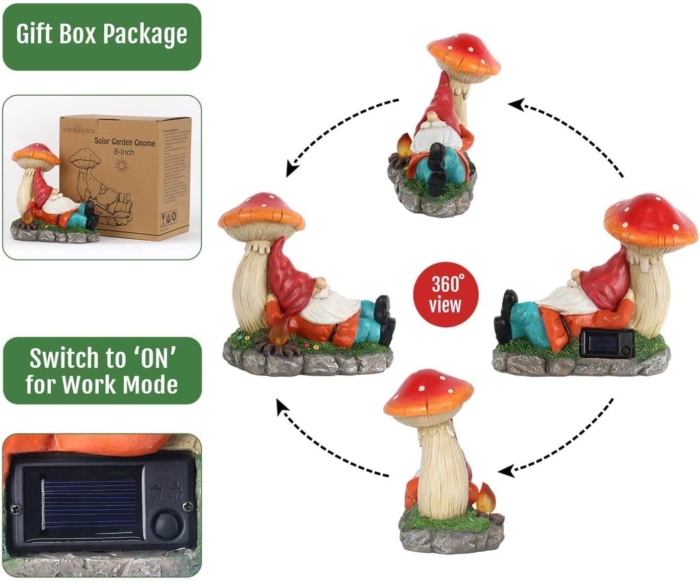 Solar Garden Gnomes Statues with Mushroom, Cute Funny Solar Powered Gnome Décor for Outdoor, Yard, or Patio as for Women Mom 8.5 Inch