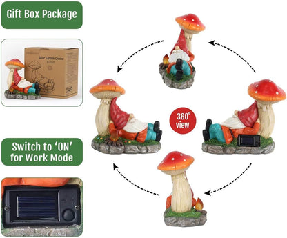 Solar Garden Gnomes Statues with Mushroom, Cute Funny Solar Powered Gnome Décor for Outdoor, Yard, or Patio as for Women Mom 8.5 Inch