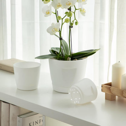 5 Pack Plastic Planters with Drainage, Self Watering Pots for Indoor Plants, Small Cute Plastic Pots in 5 Sizes, Ideal for Indoor Plants (White)