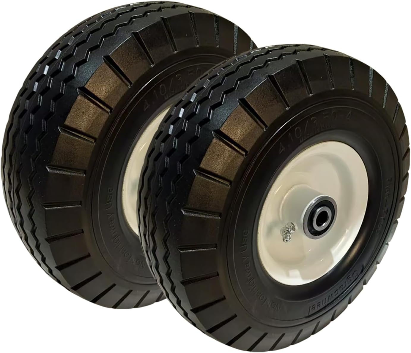 Flat Free 4.10/3.50-4 Tire with 1/2 Axle Bore, 3-4” Center Hub 10 inch Solid Tire Replacement for Hand Truck/Wagon/Garden Cart/Wheelbarrow/Dolly(Set of 2)