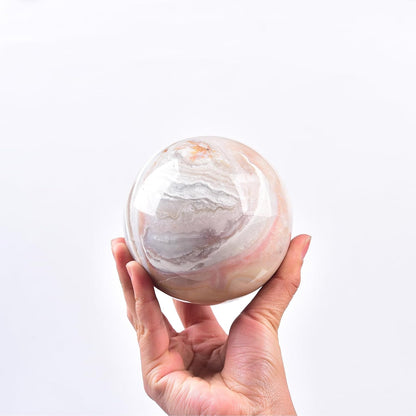 JIC Gem Large Pink Agate Crystal Sphere Ball with Wooden Stand Pink Healing Crystal Decorative Ball 90-100mm
