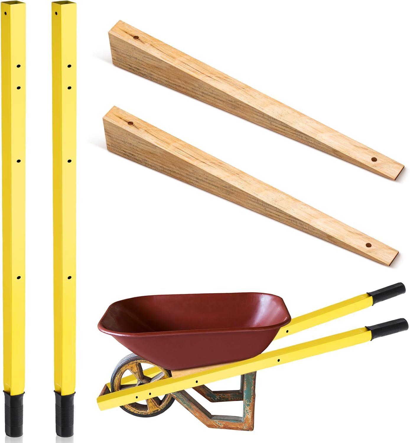 WILLBOND 1 Pair Wheelbarrow Replacement Handles Kit 60 Inches Metal Wheelbarrow Handles Yellow Heavy Duty with 2 Pcs Wedge and Pre Drilled Holes, Easy Install