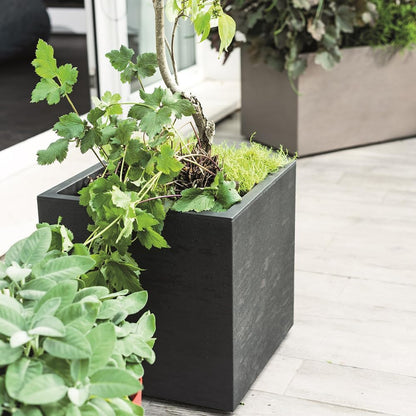 Deroma Gravity 10” Cube Planter | Light & Durable Plastic | Indoor or Outdoor Square Pot for Patio/Porch | Includes Water Reserve & Drain Plug | Trendy Planter for Plants, Flowers, Garden | Black