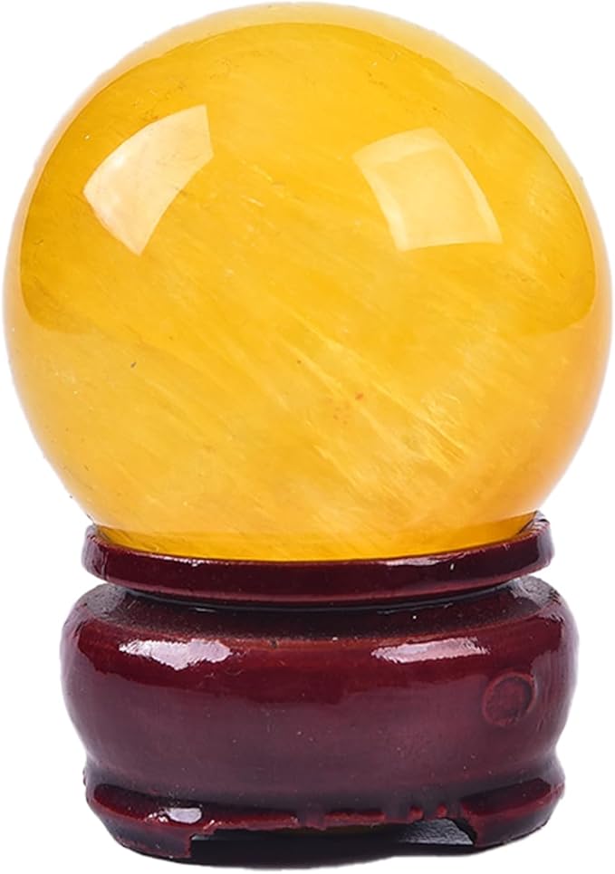 JIC Gem Natural Yellow Fluorite Crystal Sphere Crystal Decorative Ball with Wooden Stand Meditation Balls for Witchcraft Reiki Gift 50-60mm