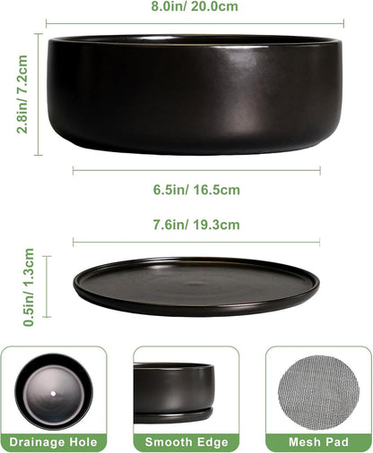 SQOWL Bonsai Pots - 8 Inch Ceramic Plant Pots for Succulents, Round Indoor Planter with Drainage Hole and Saucer, Shallow Modern Planter Bowl, Room Decor, Black