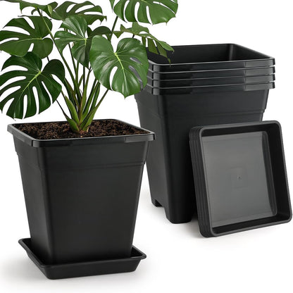 BTPLASTIK Plant Pots 10 Inch Set of 5, Large Square Plastic Planter with Drainage & Saucer, 5 Gallon Thick Outdoor Garden Pots Container for Outdoor Indoor, Flower Pots Planters