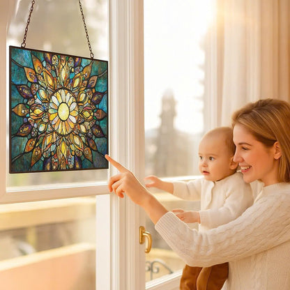 Customized Rectangle Boho Mandala Sunburst Stained Glass Suncatcher Window Hangings, Stained Glass Panel Sun Catchers Gifts Home Decor Garden Christmas Halloween Wedding
