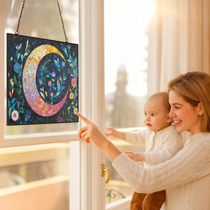 Personalized Rectangle Boho Crescent Moon Florals Stained Glass Window Hanging, Stained Glass Window Decor Suncatcher for Women, Home Décor