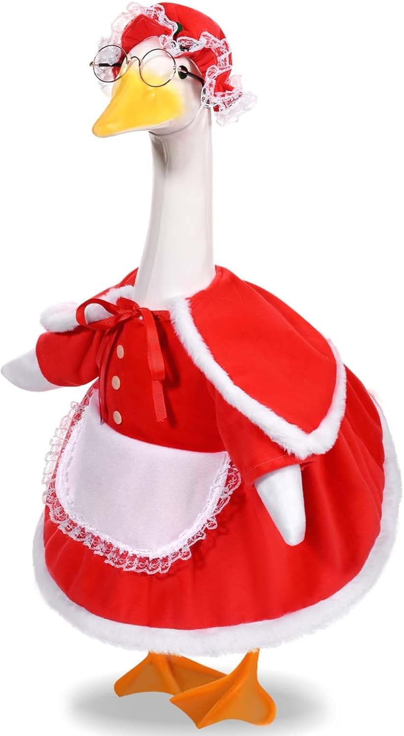 Mrs. Claus Porch Goose Outfits Christmas Lawn Goose Clothes Fits 23" Cement Plastic Goose Statue for Christmas Outdoor Garden Yard Patio Statue Art Decoration