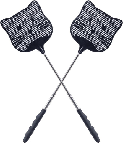 2 Pack Extendable Fly Swatter, 25 inch Long Handle Flyswatters, Plastic Heavy Duty Fly Swatters Manual for Indoors Patio Garden and Outdoors Black