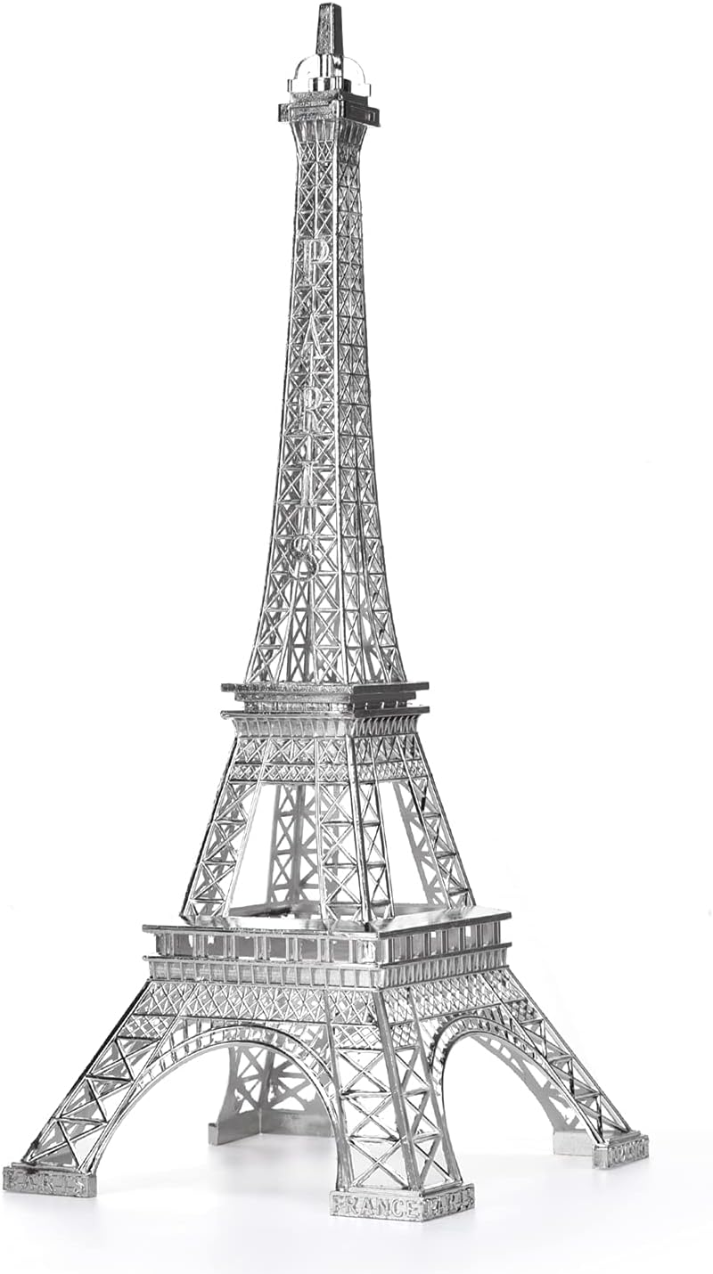 ESHATO Silver Metal Eiffel Tower Statue, 10inch Decorative Figurine Replica Stand Holder for Cake Topper Table Decor Gift Party Home Decoration