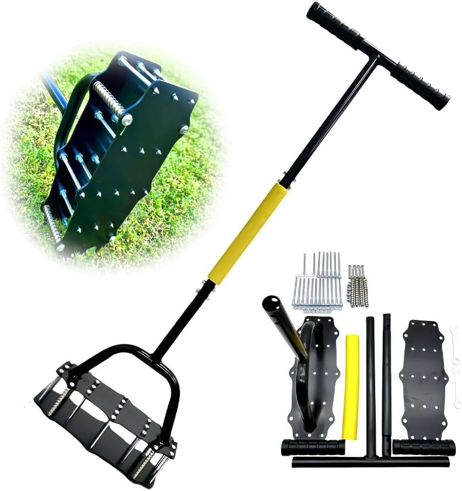 Lawn Aerator Tool, 2-in-1 Spike Manual Core Aerator Lawn Tool with 15 Iron Spikes, Gardening Hand Tools, Grass Plugger Yard Aerators for Garden Yard Lawns Soil Care, Revives Lawns Health(SpringLoaded)