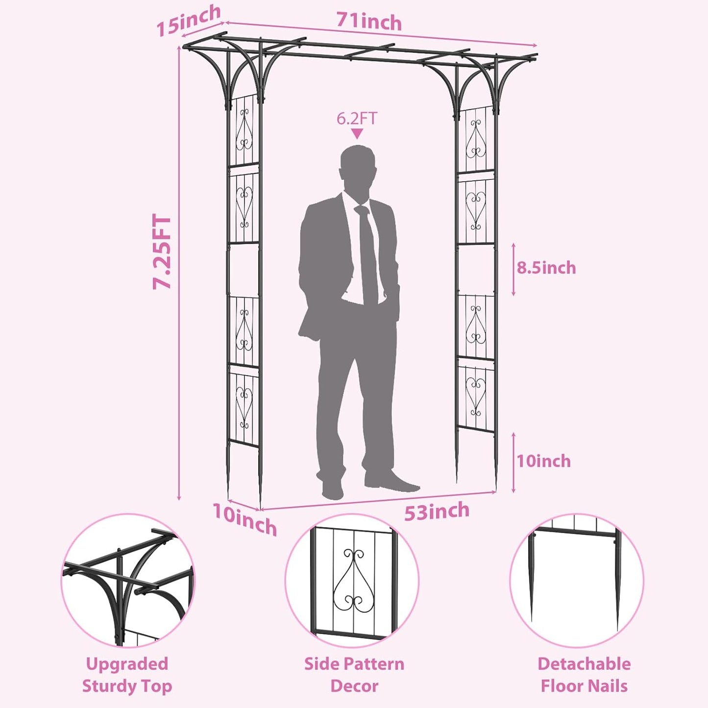 Garden Arch Trellis 7FT Wedding Arch Backdrop Stand,Metal Garden Arbor Trellis for Plant Climbing Outdoor, Plant Arch with Anchored Pile, Flower Arch Stand Balloon Decor,Archway Pergola