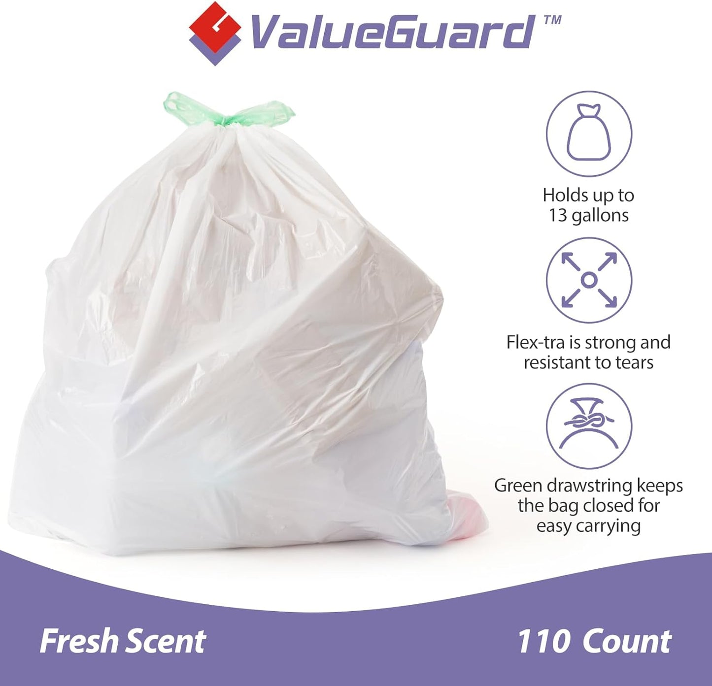 Trash Bags Garbage Bag 13 Gallon Drawstring Tall Waste Bag for Kitchen Office Party 0.6 Mil (110 Count)