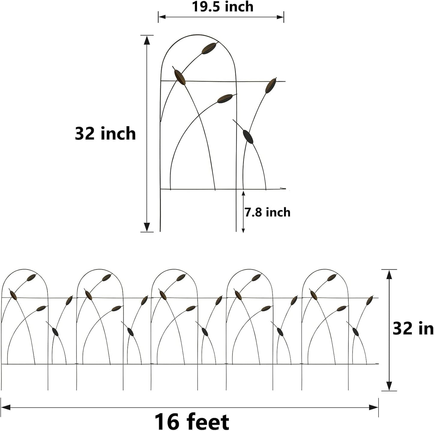 Metal Decorative Garden Fence Border, 32 in x 16 ft,Rustproof Wrought Iron Landscape Fencing for Flower Bed, Trees (Dark Brown)