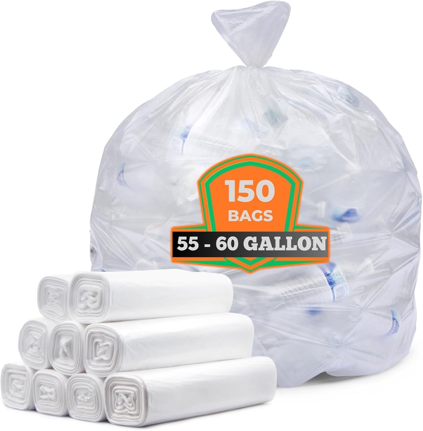 Veska 55-60 Gallon Trash Bags, Large Clear Garbage Bags,150 Bags Bulk Can Liners Perfect for Office, Waste, and Storage Use, Recycling, Yard Waste, and Leaf Collection, Rollaway Bin Liners