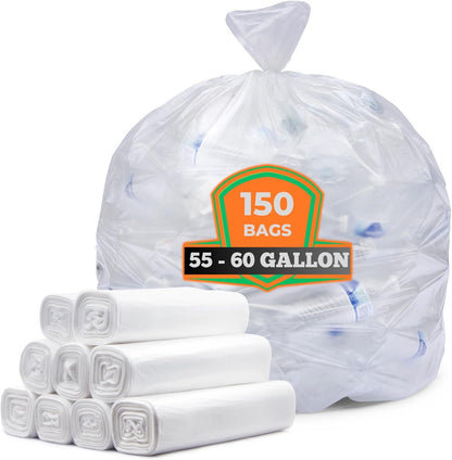 Veska 55-60 Gallon Trash Bags, Large Clear Garbage Bags,150 Bags Bulk Can Liners Perfect for Office, Waste, and Storage Use, Recycling, Yard Waste, and Leaf Collection, Rollaway Bin Liners