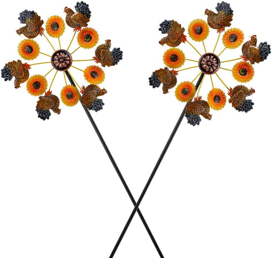 VEWOGARDEN 2PCS Wind Spinners Outdoor, Metal Wind Spinners with Sunflower and Hen Design for Yard Garden Lawn Thanksgiving Decorations