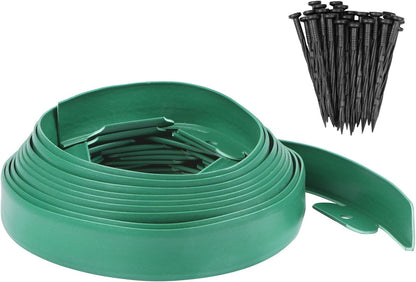 Garden Edging - 20 Feet Plastic Landscaping Edging Border with 18 PCS Spikes Apply to Flower Beds/Grass Lawn/Yard (20FT x 1.57IN, Green)