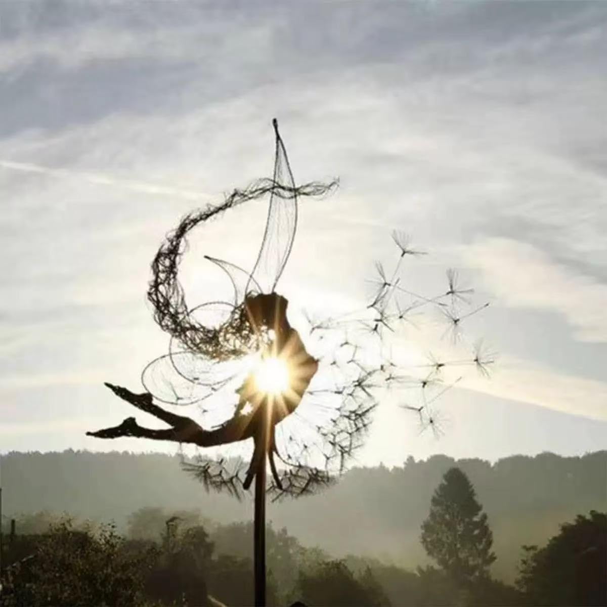 Flower Fairy Dancing with Dandelion, Art Sculpture Fairies for Fairy Garden, Angel Metal Ornaments Gardens Art Sculpture, Outdoor Decorations for The Courtyard, Christmas and Halloween Lawn (B)