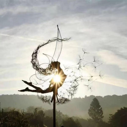 Flower Fairy Dancing with Dandelion, Art Sculpture Fairies for Fairy Garden, Angel Metal Ornaments Gardens Art Sculpture, Outdoor Decorations for The Courtyard, Christmas and Halloween Lawn (B)