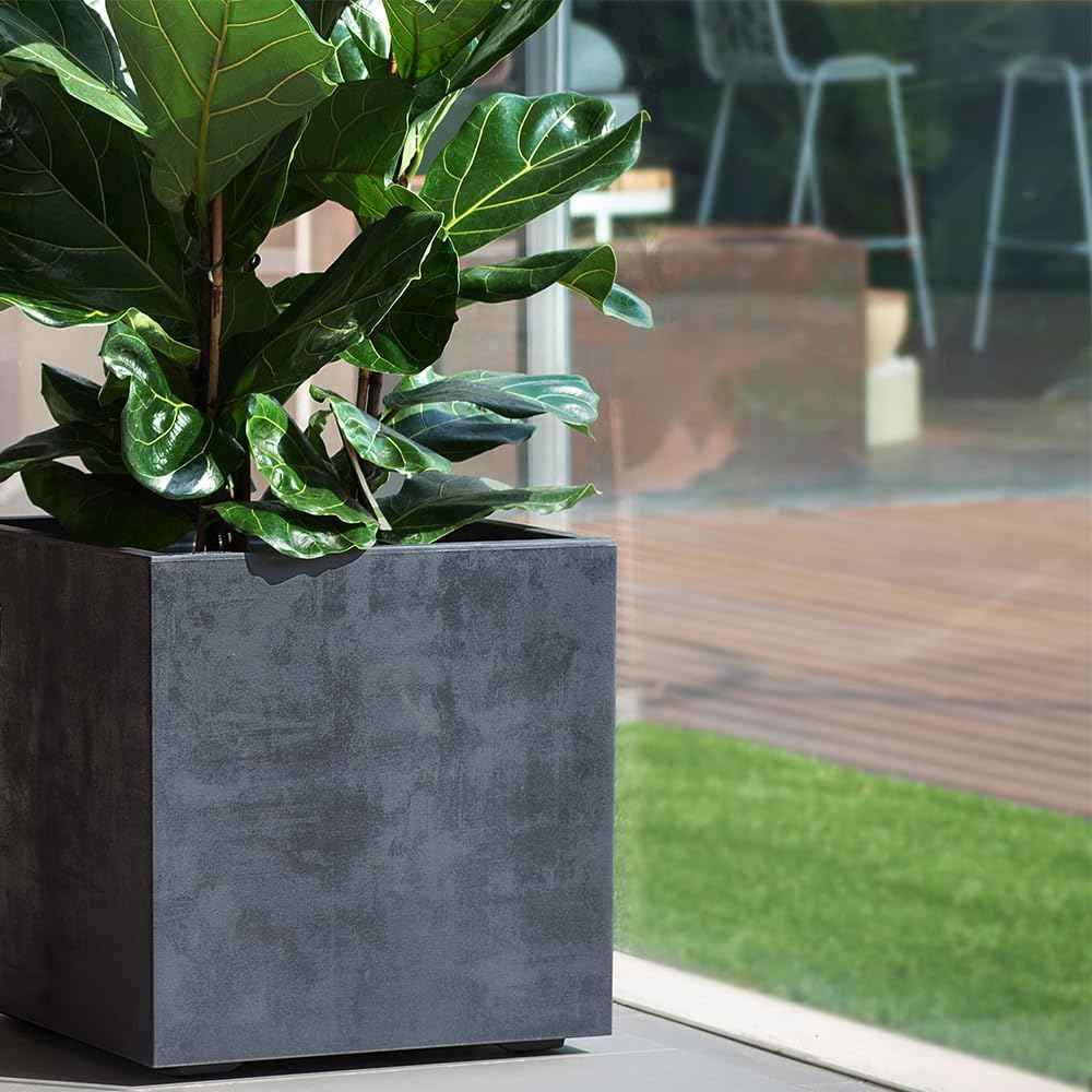 Deroma Millennium 19” Cube | Light & Durable Plastic | Indoor/Outdoor Square Pot for Patio | Water Reserve, Drain Plug Wheels | Trendy Planter for Plants, Flowers, Garden | Black